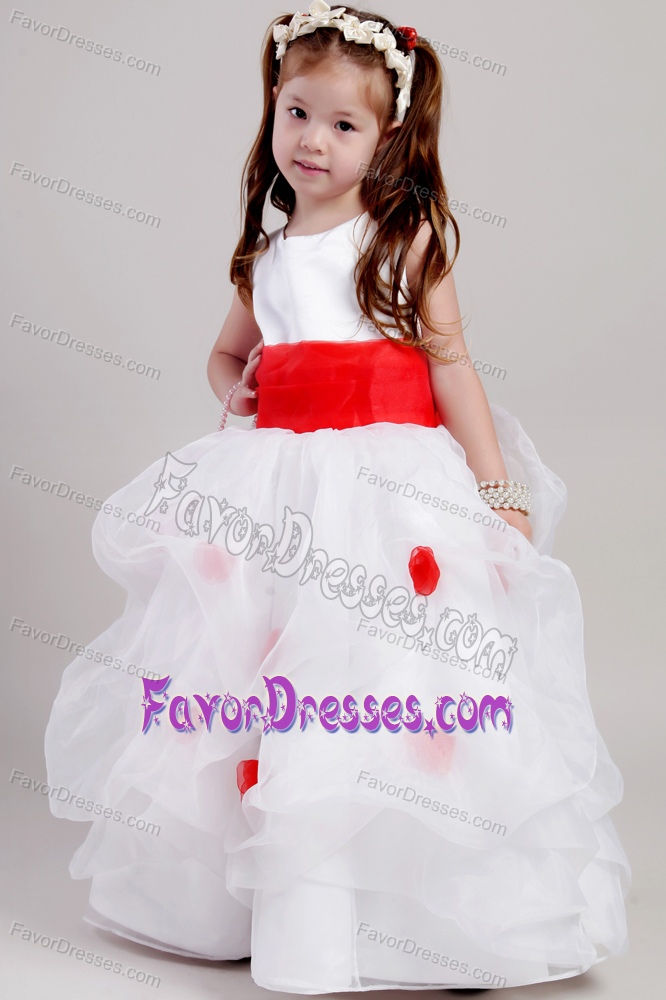 White and Red Scoop Girl Birthday Dress in Taffeta and Organza