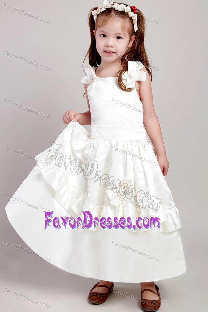 White Straps Taffeta Flower Girls Dresses with Bow to Ankle-length