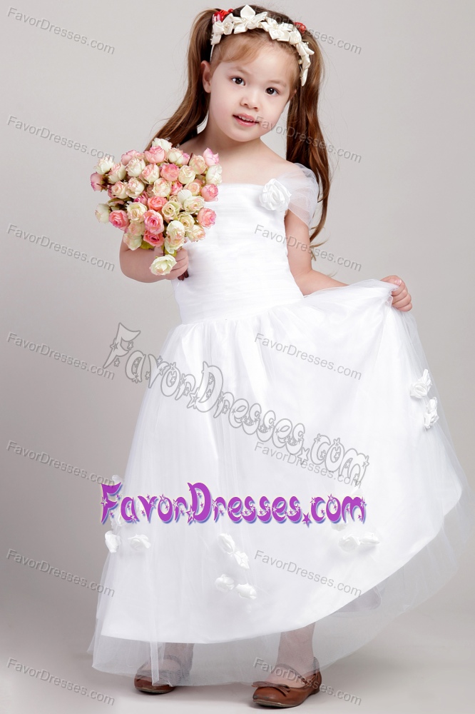 White Straps Taffeta and Tulle Flower Girl Dress with Hand Made Flowers