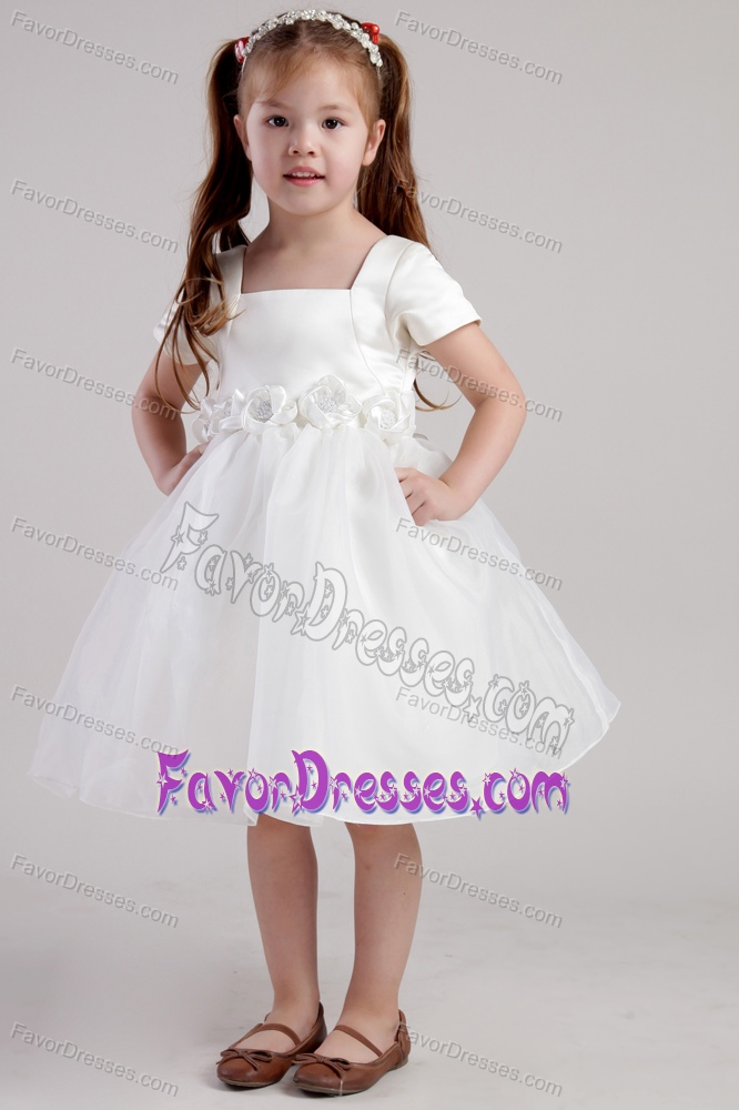 White Square Organza Dress for Flower Girls with Handle Made Flowers