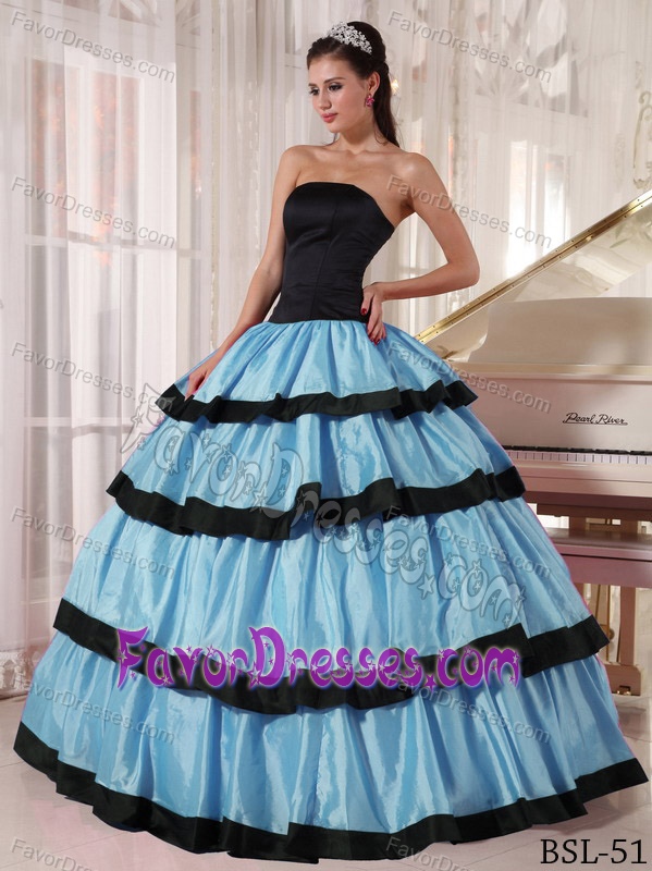 Discount Strapless Ball Gown Taffeta Dress for Quince in Blue and Black
