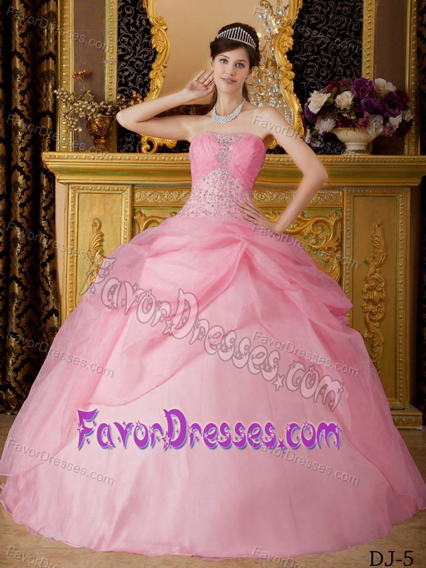Rose Pink Strapless Organza Low Price Quinceanera Dress with Beading