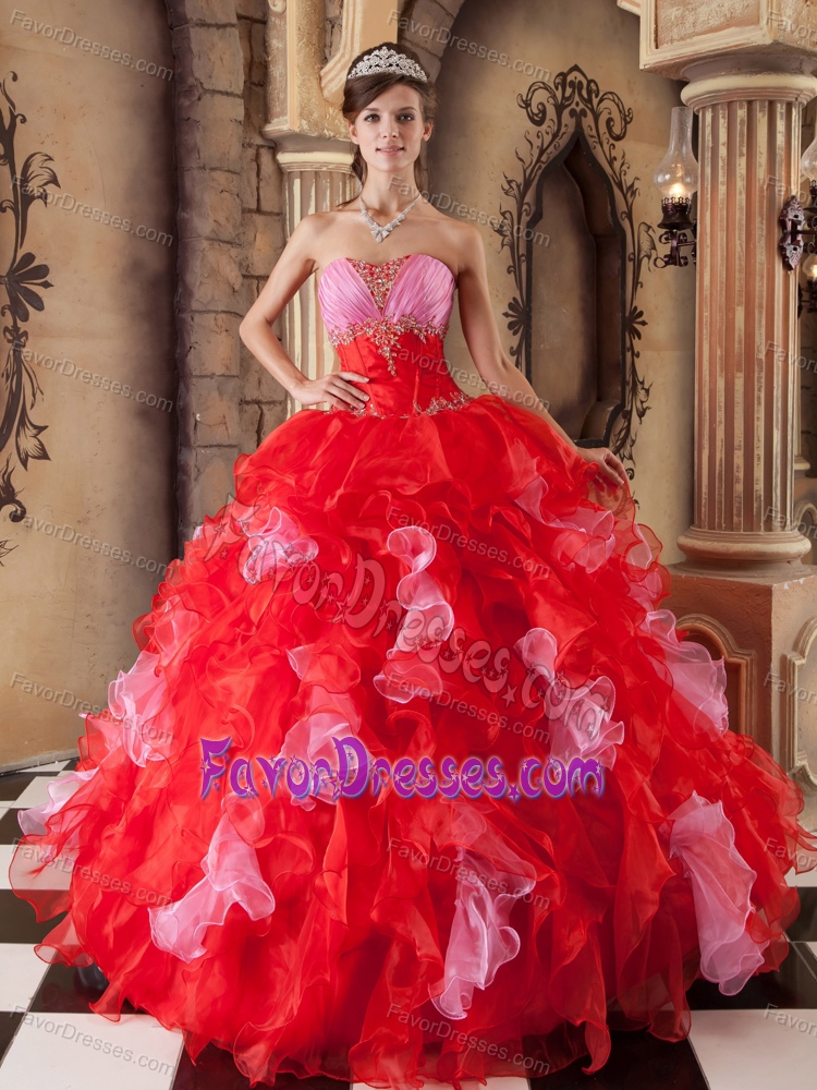 Cheap Red Ball Gown Strapless Quince Dresses with Beading and Ruffles