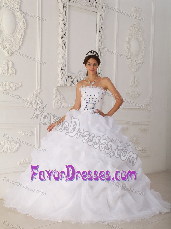 Inexpensive Strapless Court Train White Sweet 15 Dresses with Beading