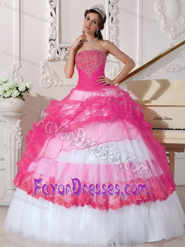 Cheap Strapless Dress for Quinceanera with Beadings in Hot Pink and White on Sale