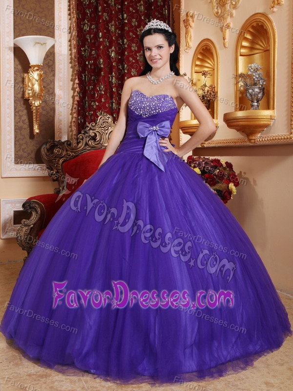 Sweetheart Tulle Quinceanera Gown Dresses with Beadings and Bowknot in Purple