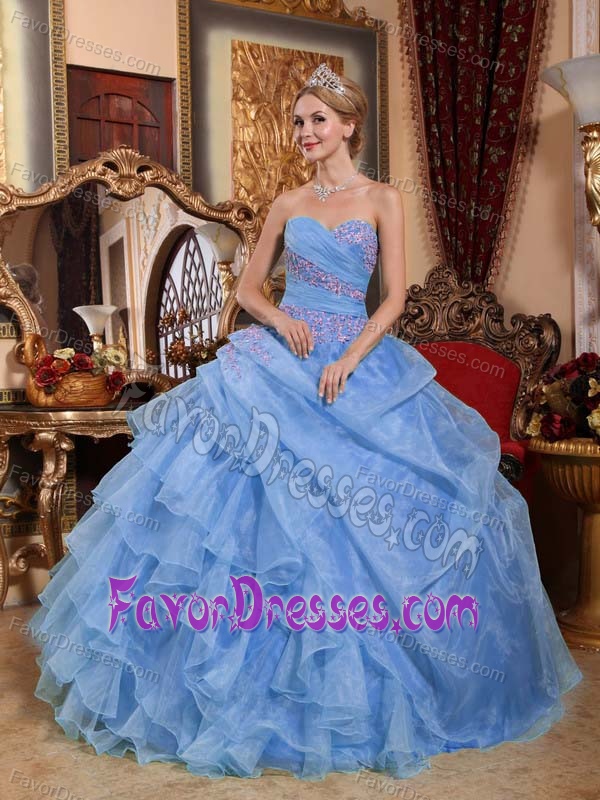 Ruffled and Appliqued Dress for Quinceanera with Sweetheart Neck in Light Blue