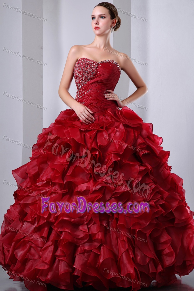 2013 Ruffled Wine Red Sweet 16 Dresses with Ruches and Beads in the Mainstream