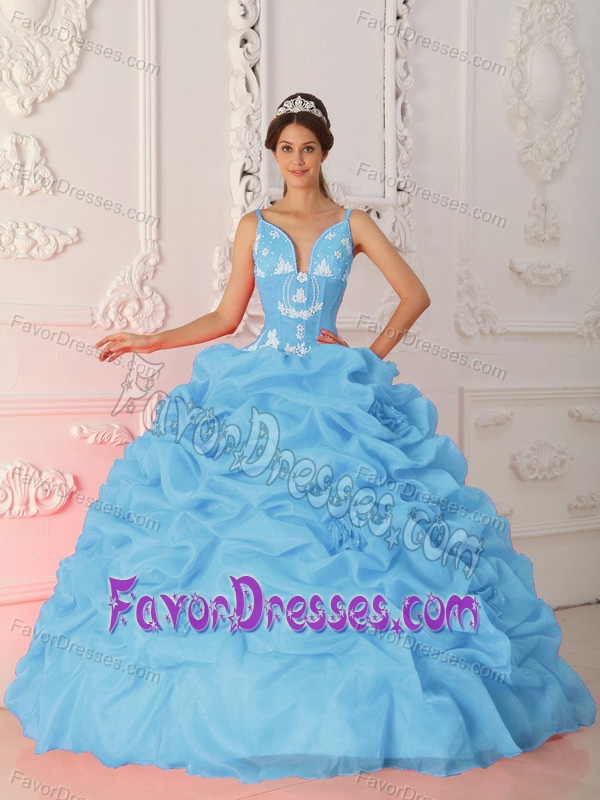 Baby Blue Quinceanera Gown Dress in Satin and Organza with Straps