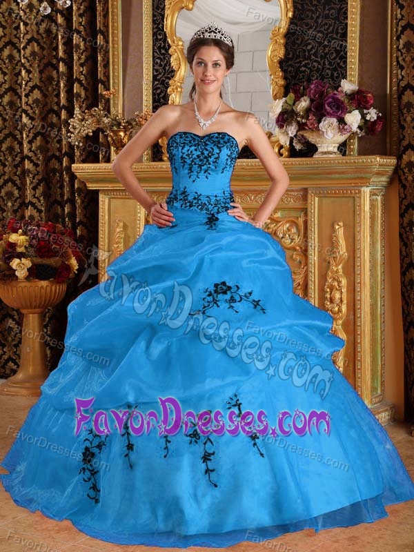 Affordable Sweetheart Satin and Organza Quince Dresses in Aqua Blue