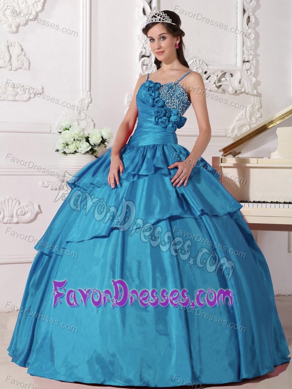 Teal Straps Dress for Quinceanera with Beading and Flowers in Taffeta