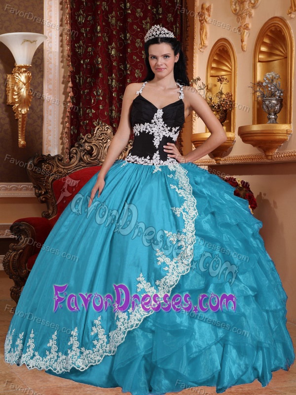Aqua Blue V-neck Taffeta and Organza Sweet 16 Dresses with Appliques