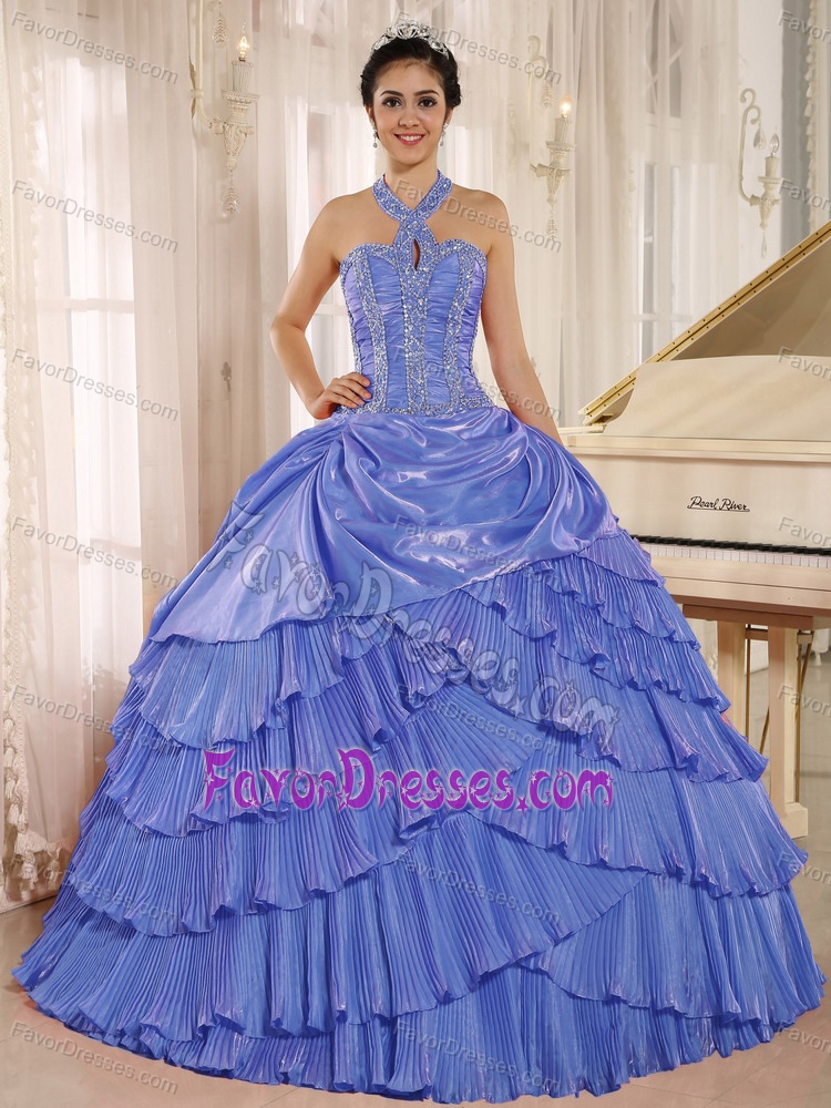 Halter Top Blue Organza Sweet 16 Dresses with Pleat and Beaded Bodice