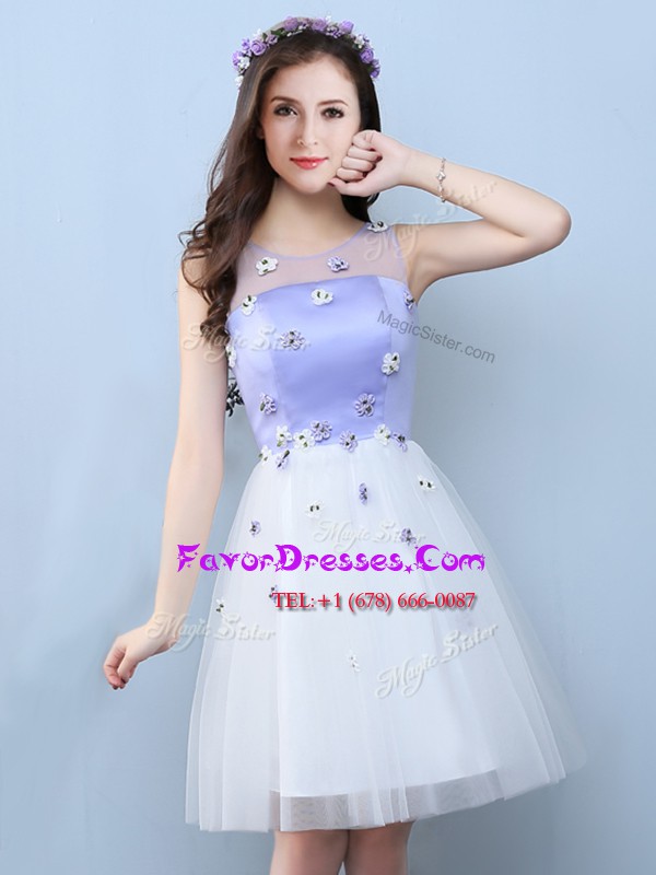 Romantic Scoop White A-line Appliques Wedding Guest Dresses Lace Up Tulle Sleeveless Knee Length