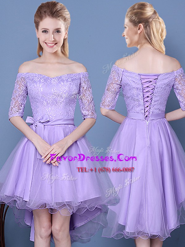 Fitting Lavender Tulle Lace Up Off The Shoulder Half Sleeves High Low Wedding Guest Dresses Lace and Bowknot and Belt