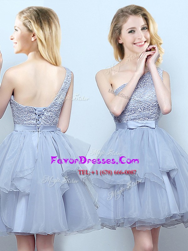 High Class One Shoulder Grey Organza Lace Up Bridesmaids Dress Sleeveless Mini Length Lace and Ruffles and Belt