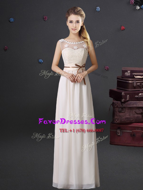  Scoop See Through Chiffon Sleeveless Floor Length Bridesmaid Dress and Lace and Appliques and Belt