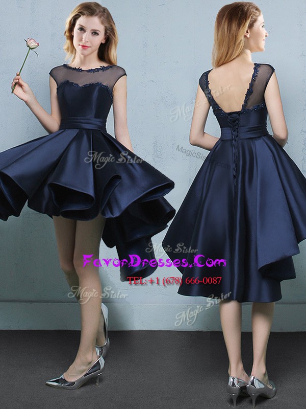  Appliques Bridesmaid Gown Navy Blue Lace Up Cap Sleeves High Low