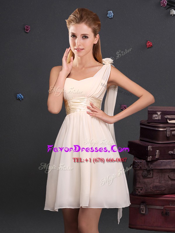 Best One Shoulder Ruching and Hand Made Flower Bridesmaid Dresses Champagne Zipper Sleeveless Mini Length