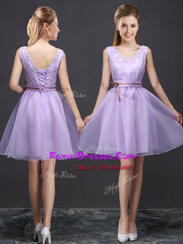  Mini Length Lace Up Bridesmaids Dress Lavender for Prom and Party and Wedding Party with Lace and Appliques and Belt