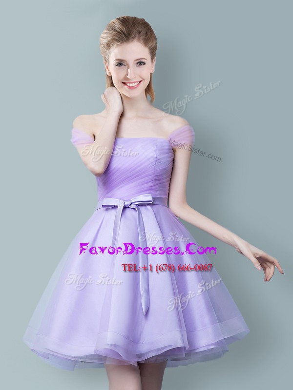 Luxury Lavender Off The Shoulder Neckline Ruching and Bowknot Wedding Party Dress Sleeveless Zipper