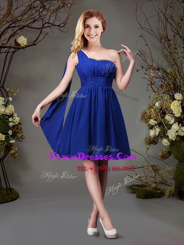 Exquisite One Shoulder Mini Length Empire Sleeveless Royal Blue Bridesmaid Gown Zipper