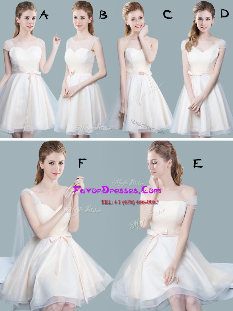  Champagne Zipper Straps Ruching and Bowknot Wedding Guest Dresses Tulle Cap Sleeves
