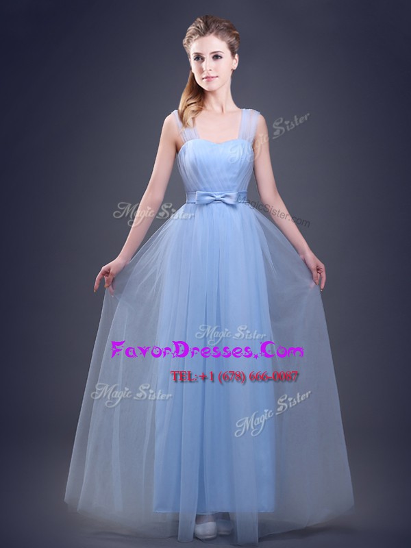  Straps Light Blue Lace Up Bridesmaids Dress Ruching and Bowknot Sleeveless Floor Length