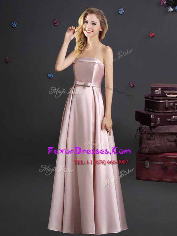 High Quality Pink Zipper Bridesmaid Dress Bowknot Sleeveless Floor Length
