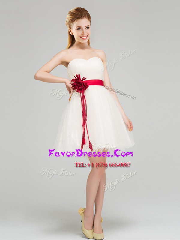 Designer Sweetheart Sleeveless Wedding Guest Dresses Mini Length Sashes ribbons and Hand Made Flower White Tulle