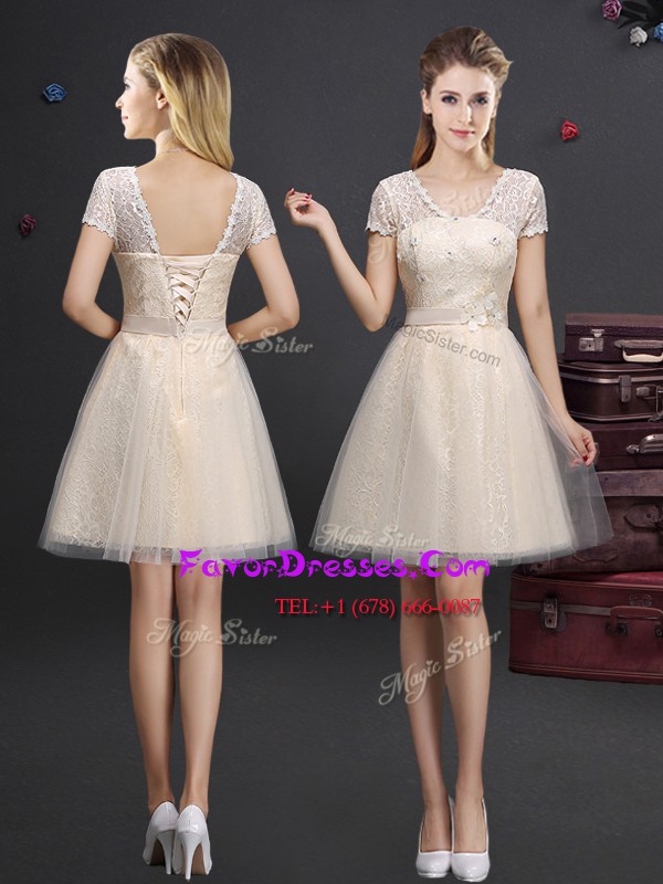  V-neck Short Sleeves Lace Up Bridesmaids Dress Champagne Tulle