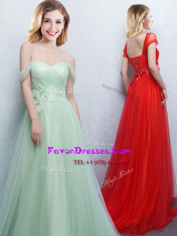  Brush Train Empire Bridesmaid Dresses Apple Green Off The Shoulder Tulle Sleeveless With Train Lace Up