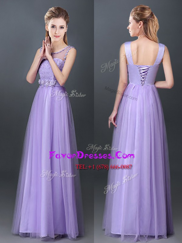  Tulle Scoop Sleeveless Lace Up Lace and Hand Made Flower Bridesmaid Dresses in Lavender