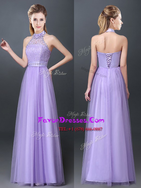 Luxury Halter Top Floor Length Lavender Bridesmaid Gown Tulle Sleeveless Lace and Appliques