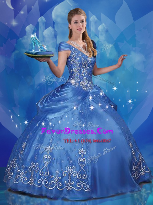  Cinderella Off the Shoulder Blue Lace Up Sweet 16 Quinceanera Dress Beading and Embroidery Cap Sleeves Floor Length