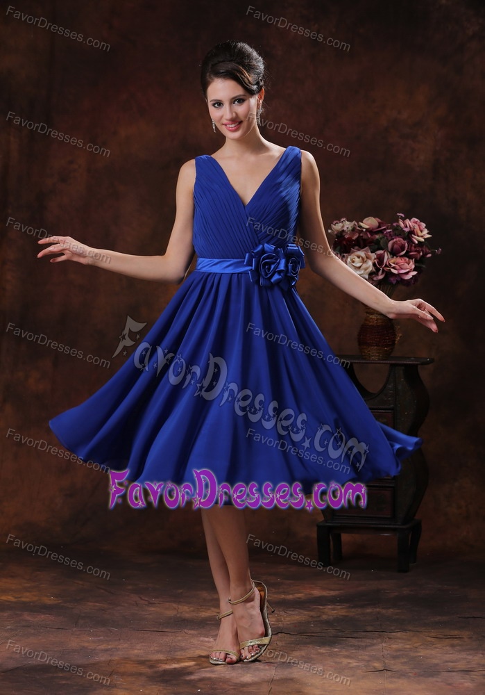 Urbane Roral Blue V-neck Bridesmaid Dresses with Flowers and Ruching