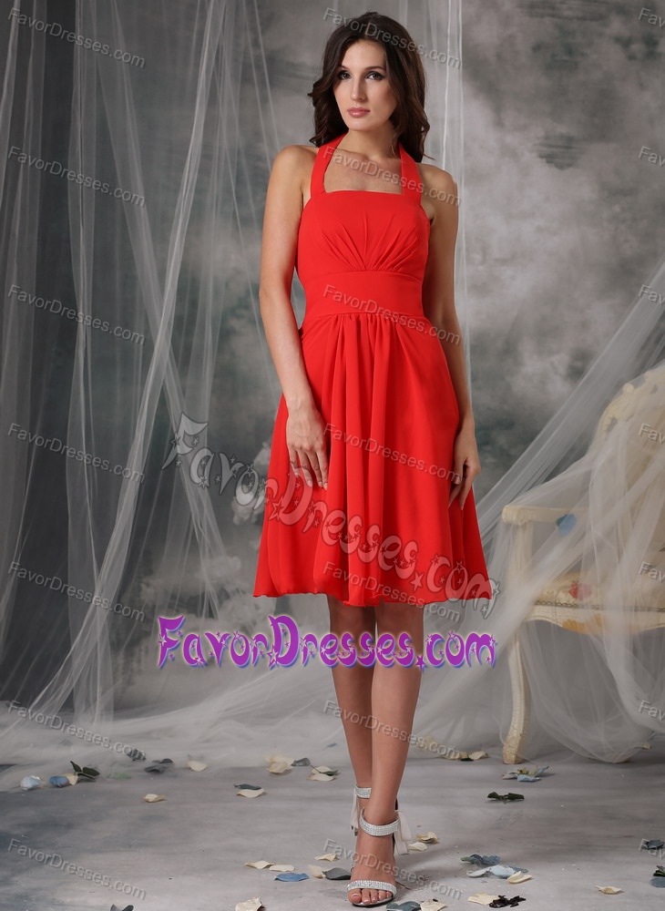 Red Empire Halter Top Chiffon Ruched Floating Junior Bridesmaid Dresses