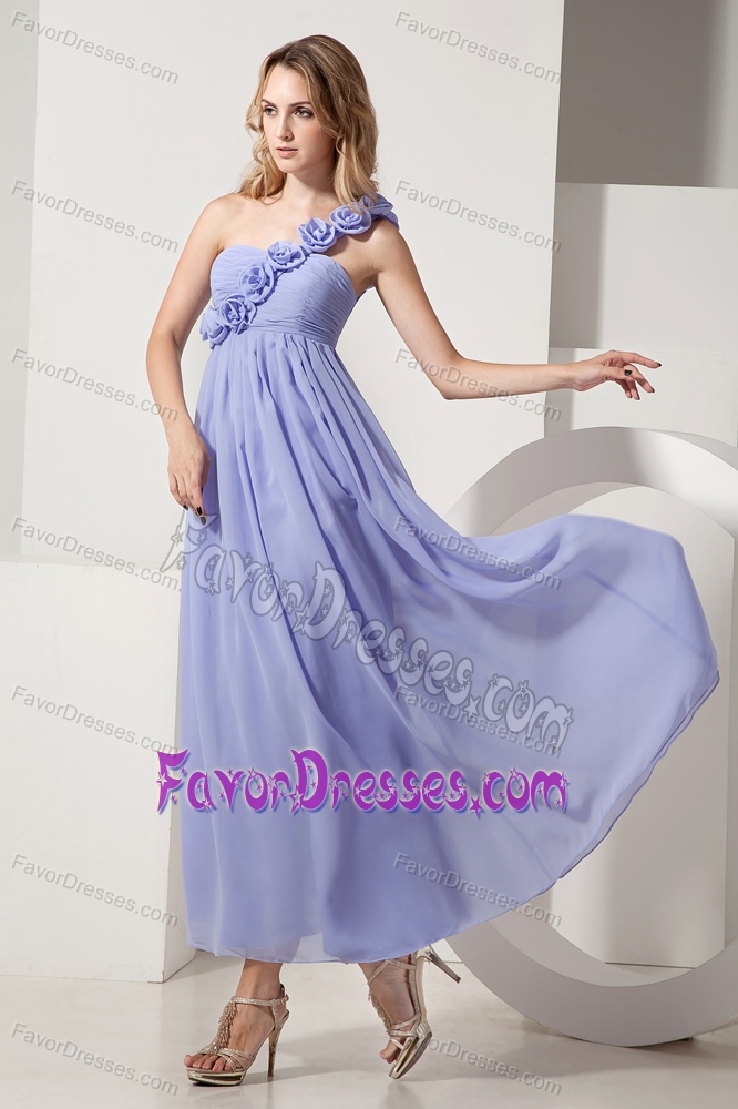 Cute One Shoulder Ankle-length Lilac Ruched Maid of Honor Dress with Flowers
