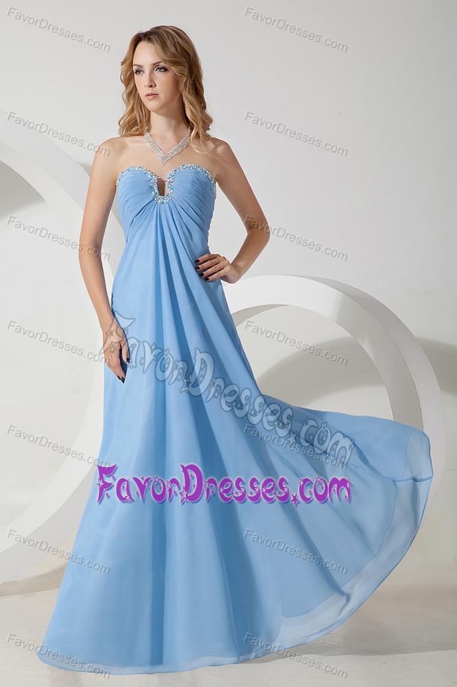 Sweetheart Long Ruched Beaded Baby Blue Chiffon Maid of Honor Dress