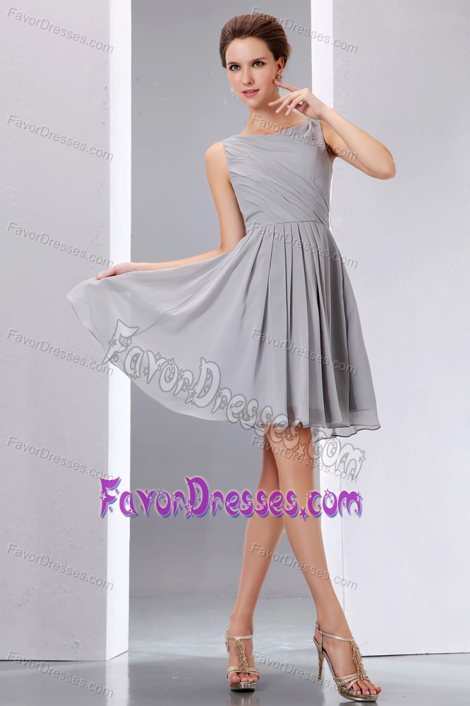 Bateau Gray Mini-length Ruched Chiffon Maid of Honor Dresses on Promotion