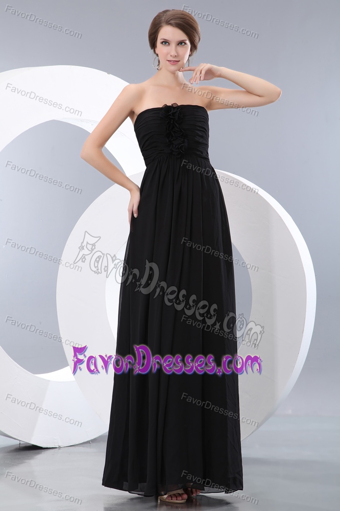 Ruched Strapless Long Black Chiffon Maid of Honor Dress with Flowers