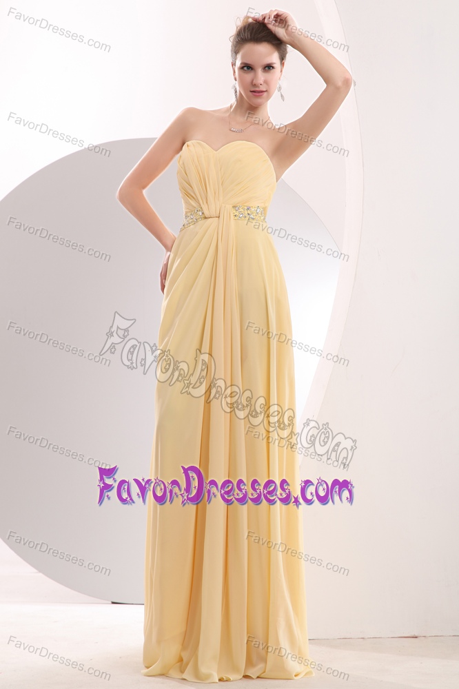 Light Yellow Sweetheart Long Ruched Bridesmaid Dresses with Beading