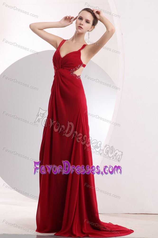 Wine Red Straps Ruched Beaded Chiffon Bridesmaid Dress on Sale