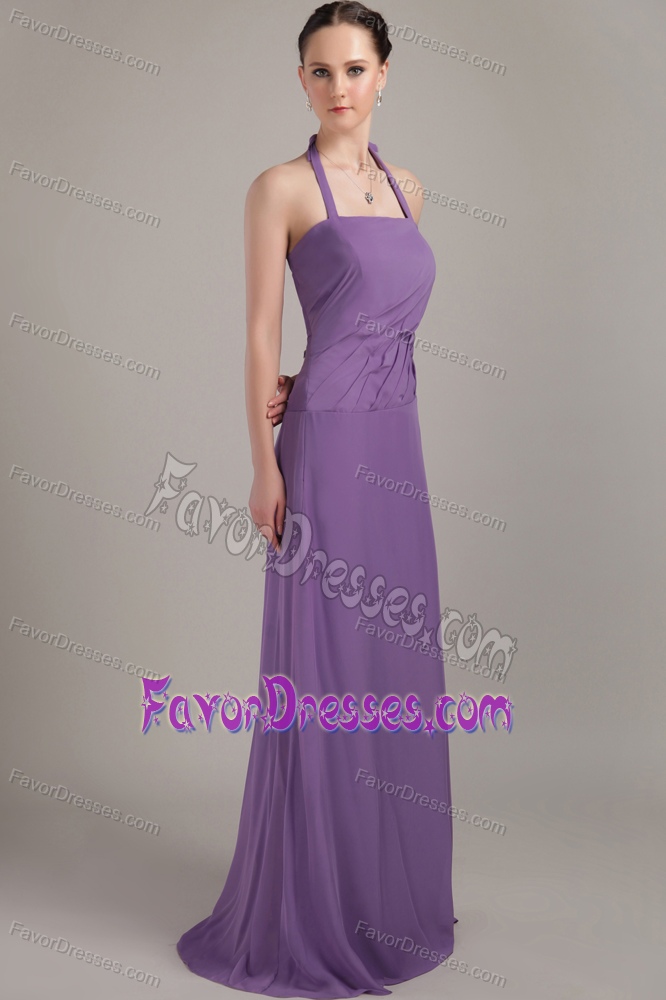 Halter Purple Ruched Chiffon Column Maid of Honor Dress on Sale