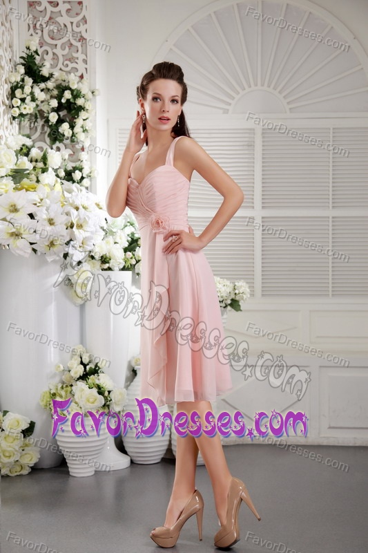 Square Straps Tea-length Baby Pink Ruched Maid of Honor Dress with Flower