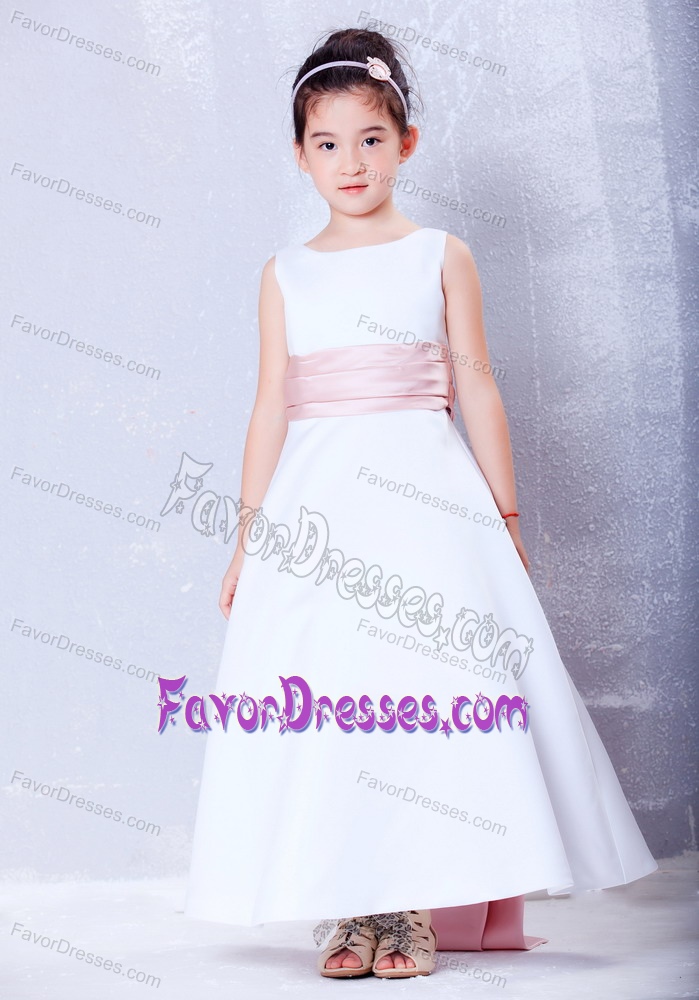 Scoop Ankle-length Dresses for Teens in White and Pink with Sash