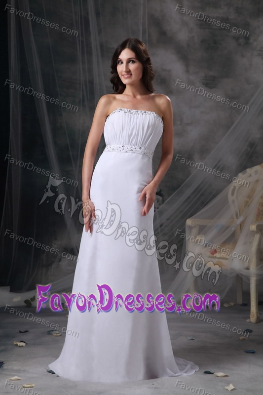 Elegant White Column Strapless Chiffon Prom Celebrity Dress Beaded and Ruched