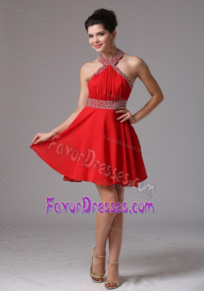 Red Halter Top Beaded and Ruched Stylish Mini-length Prom Dress on Promotion