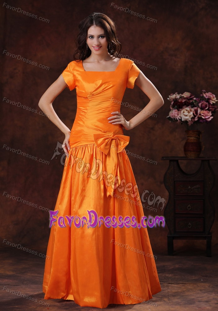 New Style Hot Orange Square Prom Dress for Cocktail with Bowknot and Ruching