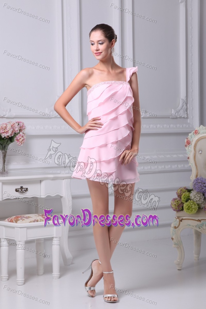 New Beaded Single Shoulder Empire Chiffon Prom Party Dress in Baby Pink
